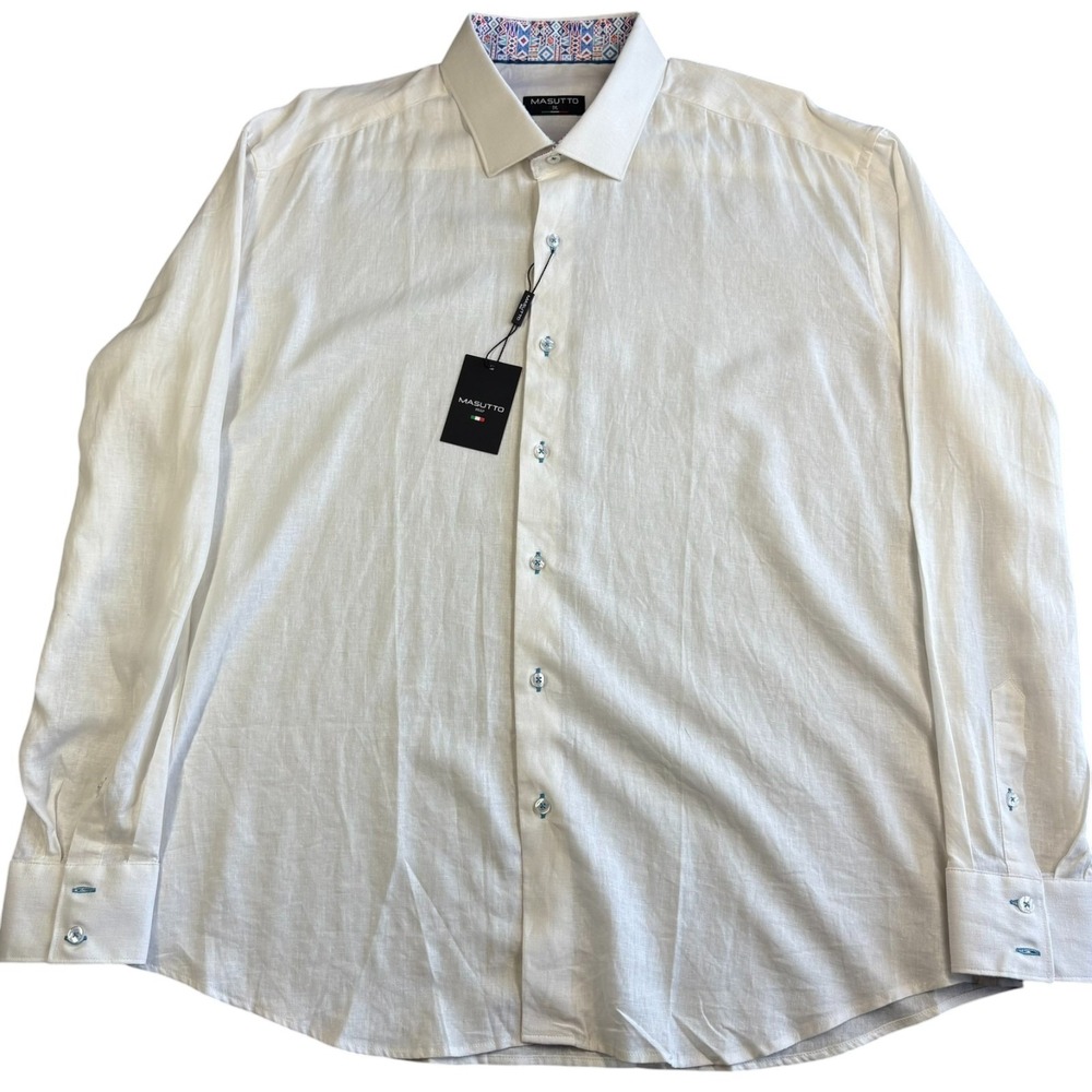 Masutto 100% Linen White Long Sleeve Shirt Mens 3XL Contrasting Trim Cuffs NWT